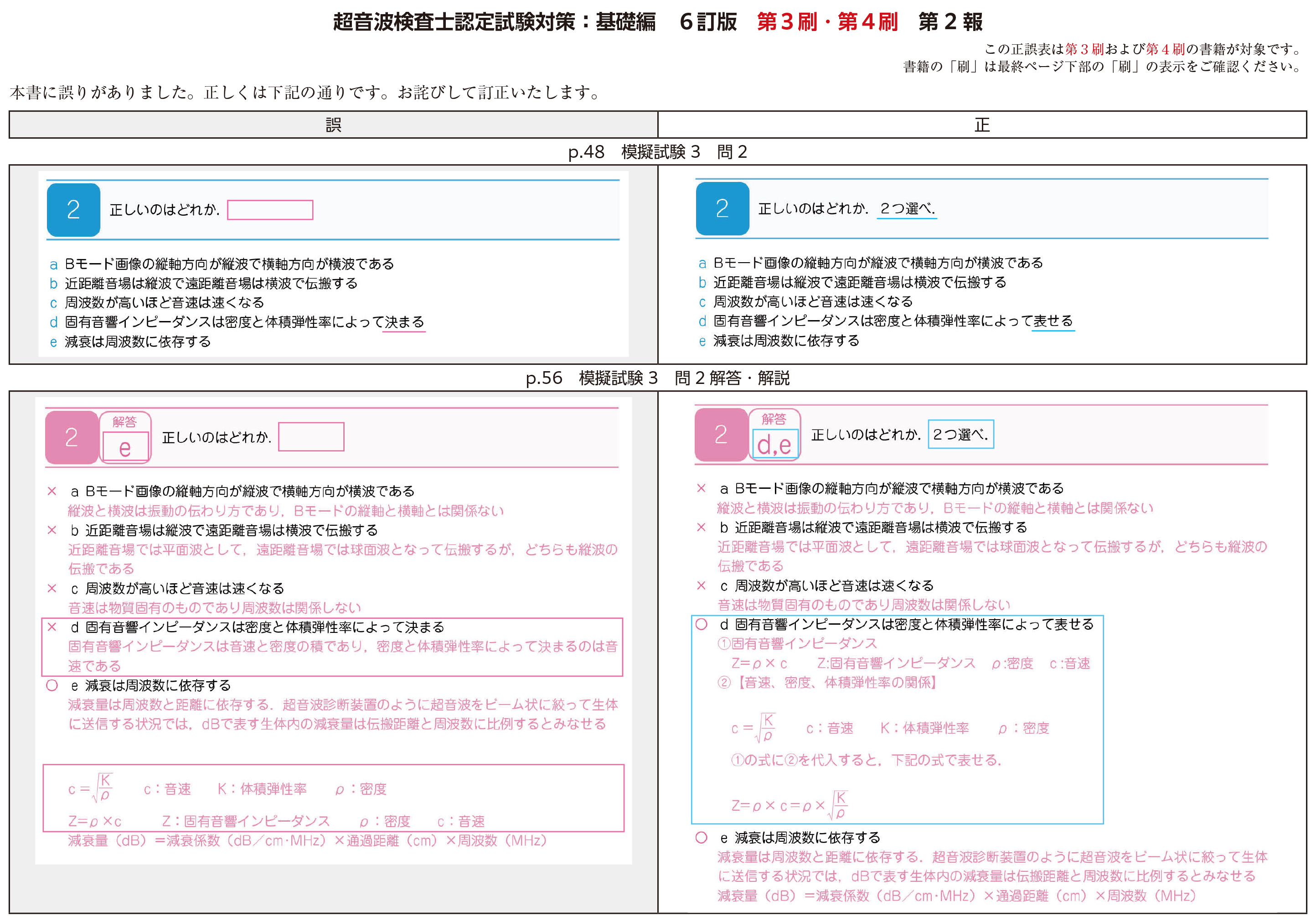 超音波検査士認定試験対策：基礎編　３刷・４刷　正誤表